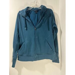 Athleta women’s teal hooded sweatshirt thumbholes sleeves size L #35-1644